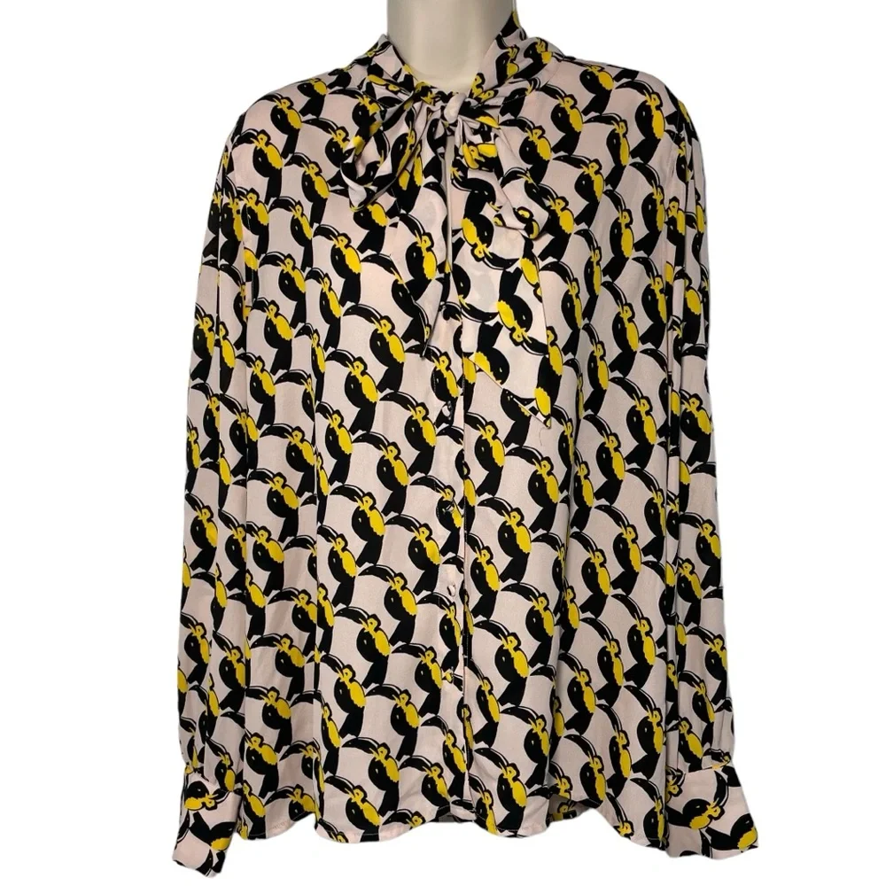 Avec Les Filles pink toucan print blouse neck bow button down sz xl - Picture 1 of 10
